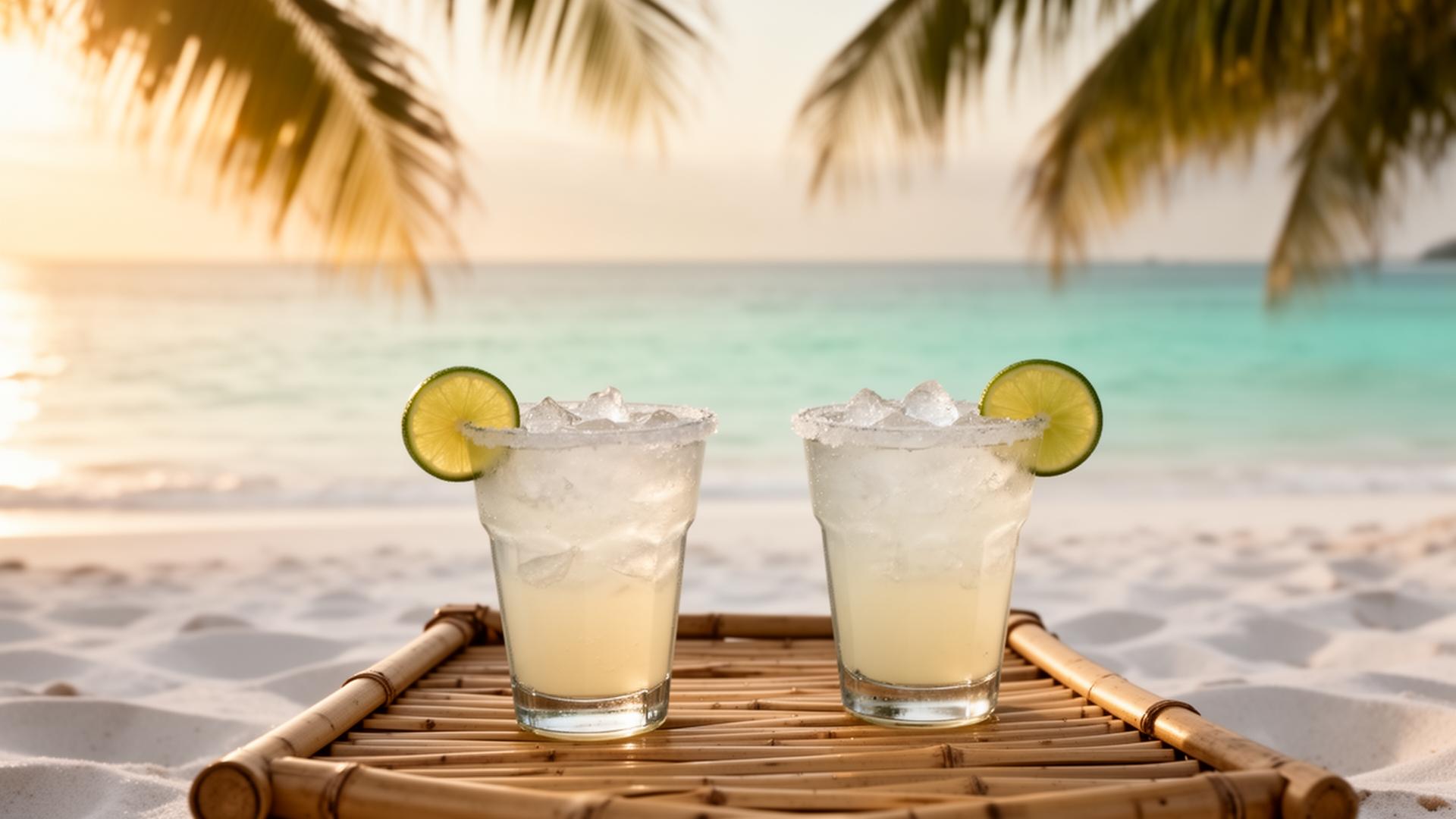 Calm turquoise sea at golden hour with two margaritas on a bamboo table
